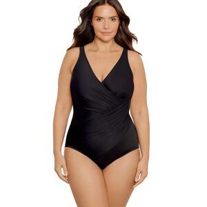 Miraclesuit Oceanus Swimsuit 18W Black One Piece Surplice Ruched 74488W $180